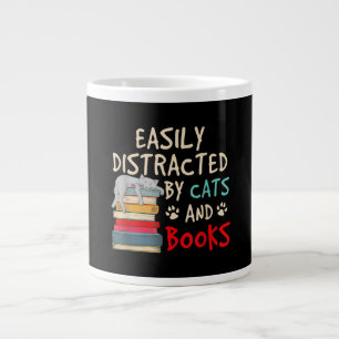 Easily Distracted by Cats and Books   Funny Cat Giant Coffee Mug