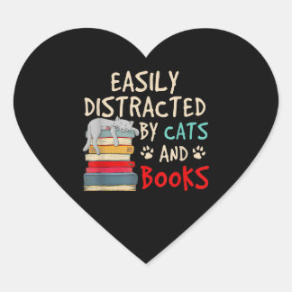 Easily Distracted by Cats and Books | Funny Cat Heart Sticker