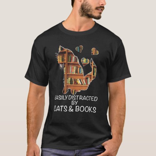 Easily Distracted By Cats And Books Funny Nerd Cat T_Shirt