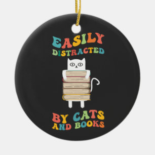 Easily Distracted By Cats And Books groovy funny  Ceramic Ornament