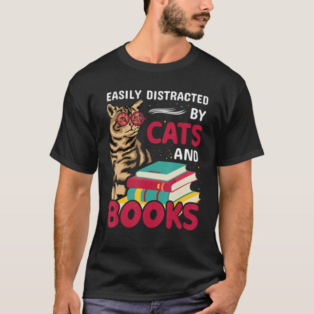 Easily Distracted By Cats And Books Reader Library T-Shirt (Front)