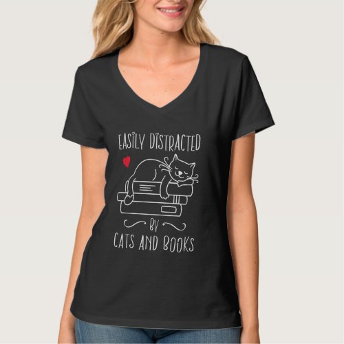 Easily Distracted By Cats And Books Shirt Cute Cat