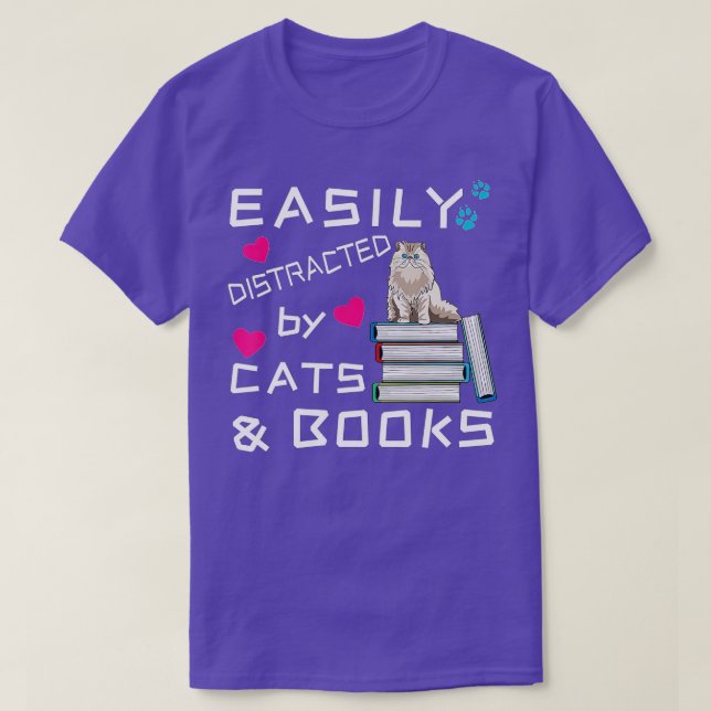Easily Distracted by Cats and BooksCat  Book Lover T-Shirt (Design Front)