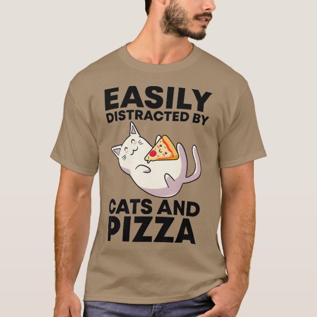 Easily Distracted By Cats And Pizza Kawaii Cat T-Shirt (Front)