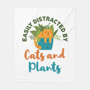 Easily Distracted by Cats and Plants Cat Lover Fleece Blanket