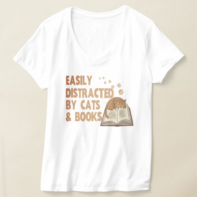 Easily distracted by cats & Books | Funny Cat Meme T-Shirt (Laydown)