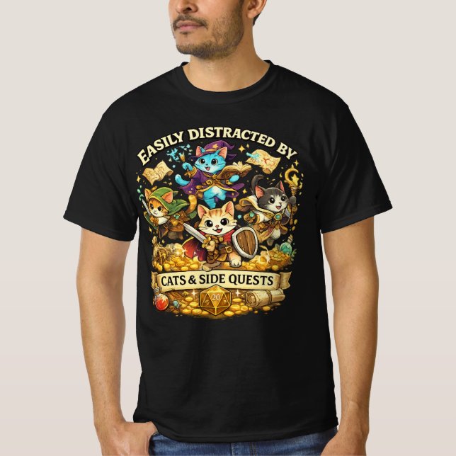 Easily Distracted by Cats & Side Quests Funny RPG  T-Shirt (Front)