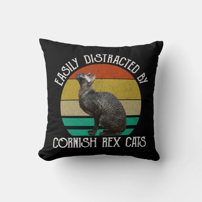 Easily Distracted By Cornish Rex Cats Throw Pillow (Front)