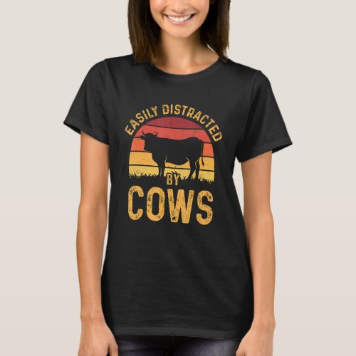 Easily distracted by Cows Harvest Farming Barn Cat T_Shirt