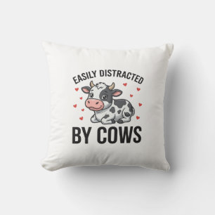 Easily Distracted by Cows Vintage Cow Graphic_1 Throw Pillow