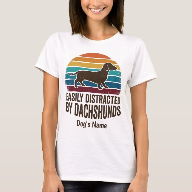 Easily Distracted By Dachshunds Retro Sunset Funny T-Shirt (Front)