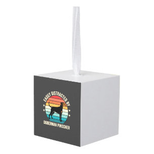 Easily Distracted by Doberman Pinscher Retro Sunse Cube Ornament