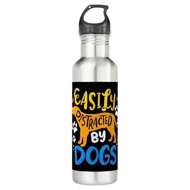 Easily distracted by dog stainless steel water bottle (Front)