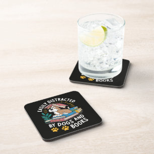 Easily Distracted by Dogs and Books Funny Pets Beverage Coaster