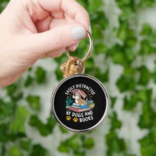 Easily Distracted by Dogs and Books Funny Pets Keychain