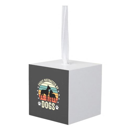 Easily Distracted by Dogs Vintage Retro Sunset Cube Ornament