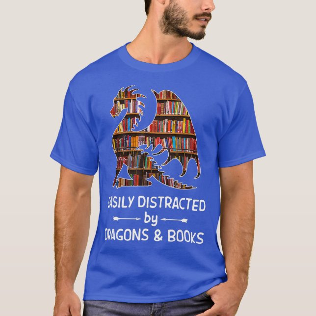 easily distracted by Dragon and Books nerds T-Shirt (Front)