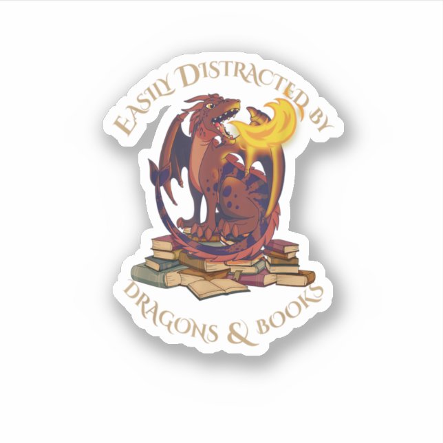 Easily Distracted By Dragons And Books Gift Fire D Sticker (Front)