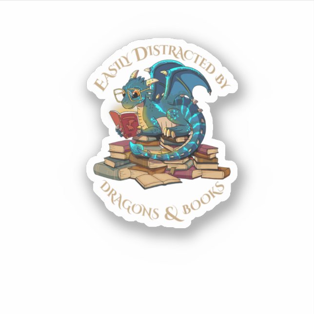Easily Distracted By Dragons And Books Gift Nerd D Sticker (Front)