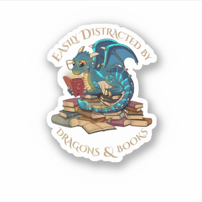 Easily Distracted By Dragons And Books Gift Nerd D Sticker (Front)