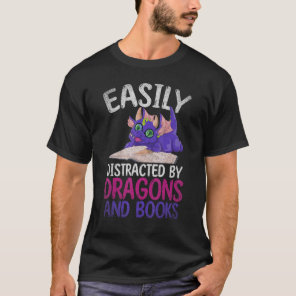 Easily Distracted By Dragons And Books Reading Boo T-Shirt