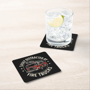 Easily Distracted By Fire Trucks Square Paper Coaster