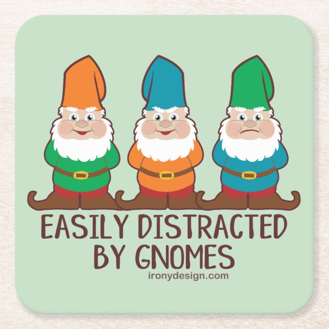 Easily Distracted by Gnomes Square Paper Coaster (Front)