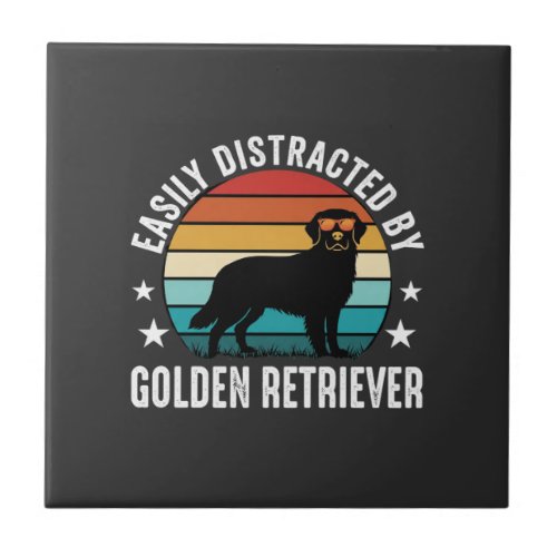 Easily Distracted by Golden Retriever Retro Sunset Ceramic Tile