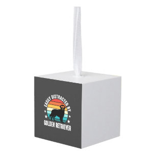 Easily Distracted by Golden Retriever Retro Sunset Cube Ornament