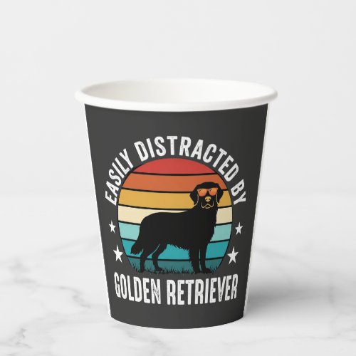 Easily Distracted by Golden Retriever Retro Sunset Paper Cups