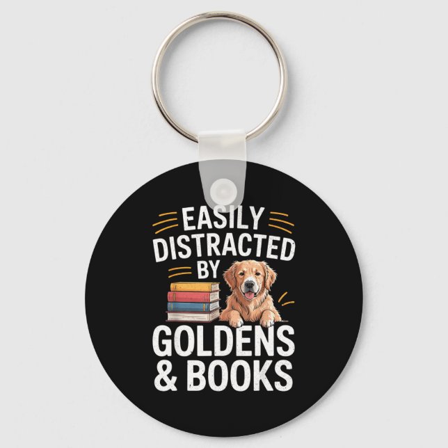 Easily Distracted By Goldens &amp; Books - Golden  Keychain (Front)