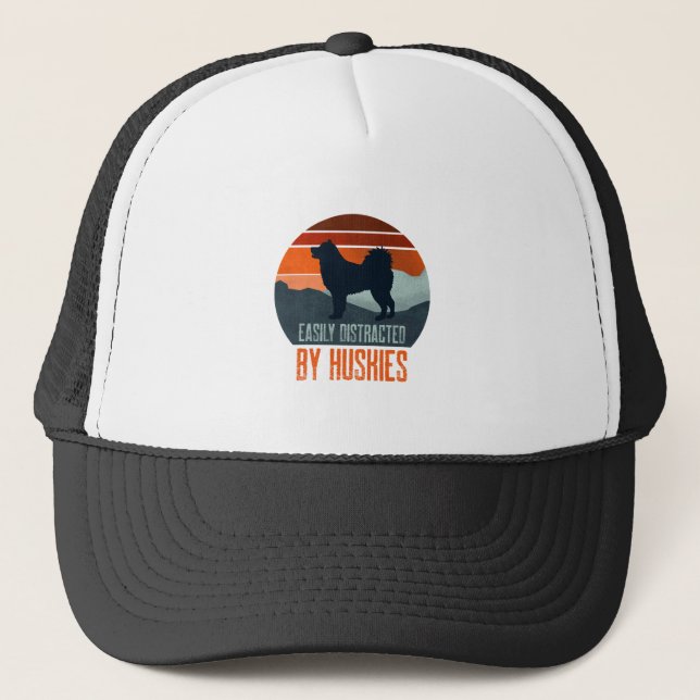 Easily Distracted By Huskies Dog Walking Trucker Hat (Front)