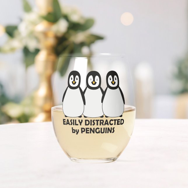 Easily Distracted by Penguins Stemless Wine Glass (Insitu (Wedding))