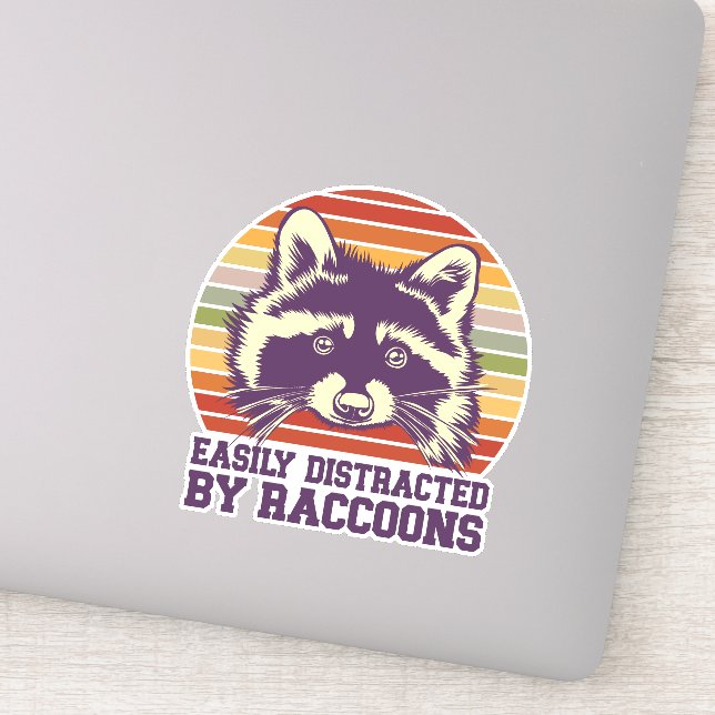 Easily Distracted By Raccoons Retro Vintage Sunset Sticker (Detail)