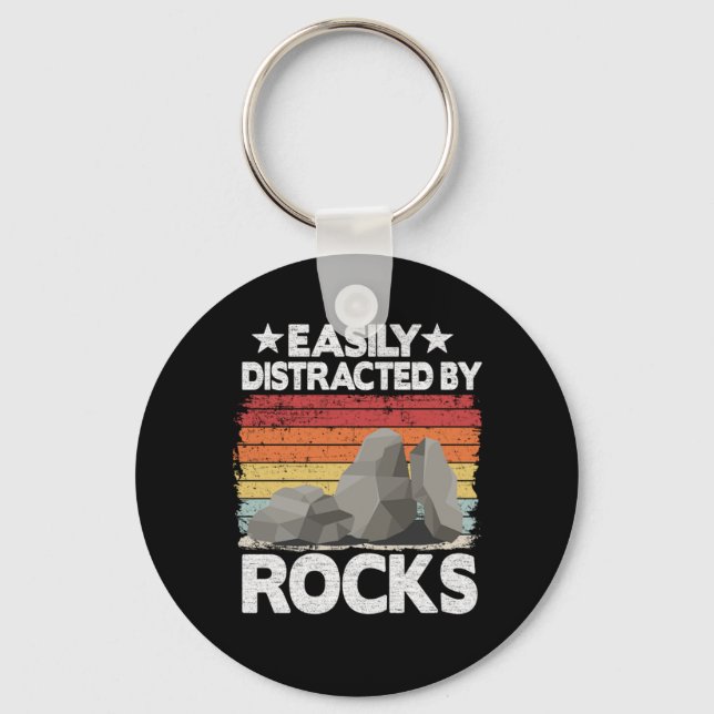Easily Distracted By Rocks Collector Mineral Retro Keychain (Front)