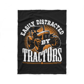 Easily Distracted By Tractors Funny Farming Farmer Fleece Blanket
