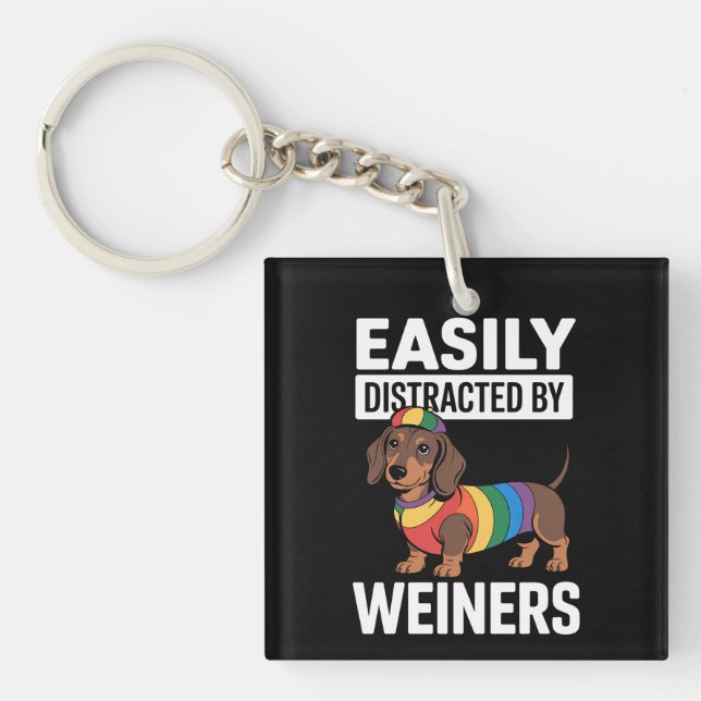 Easily Distracted By Weiners LGBTQ Rainbow Gay Keychain (Front)