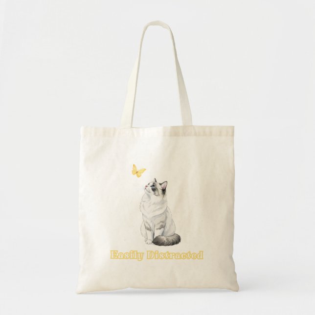 Easily Distracted Cute Cat & Butterfly Design Tote Bag (Front)