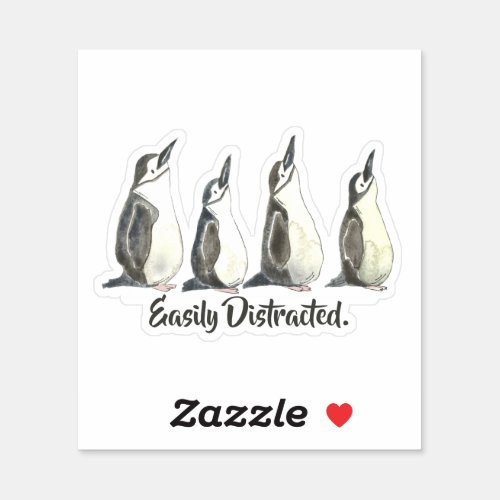 Easily Distracted Penguins in a Row Watercolor  Sticker