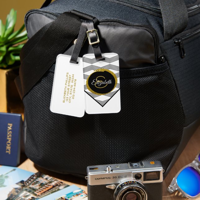 Easily Identifiable Gold Glitter Initial Monogram Luggage Tag (Front & Back)