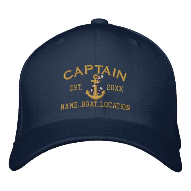 Easily Personalized Captain Nautical Rope Anchor Embroidered Baseball Cap (Front)