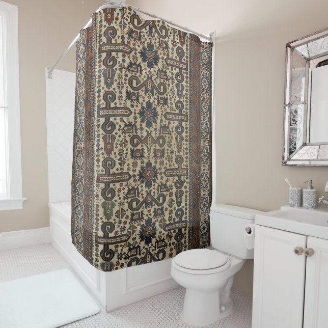 East Caucasus Brown Beige Teal  Shower Curtain (In Situ)
