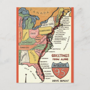 East Coast Hand-Colored Map Postcard