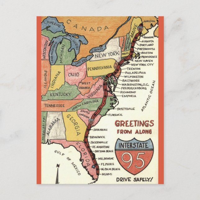 East Coast Hand-Colored Map Postcard (Front)