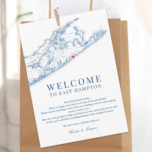 East Hampton Map Wedding Welcome Letter Navy Blue Thank You Card | Zazzle