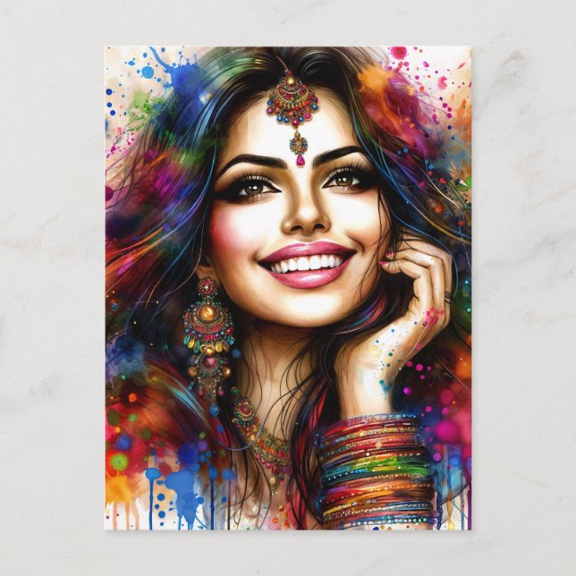East Indian Beauty Colorful Festival Art Postcard (Front)