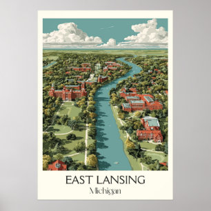 East Lansing Michigan Vintage University Campus Poster