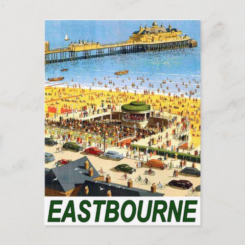 Eastbourne beach areal view vintage travel postcard