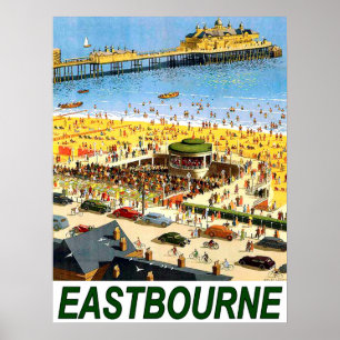 Eastbourne beach, areal view, vintage travel poster