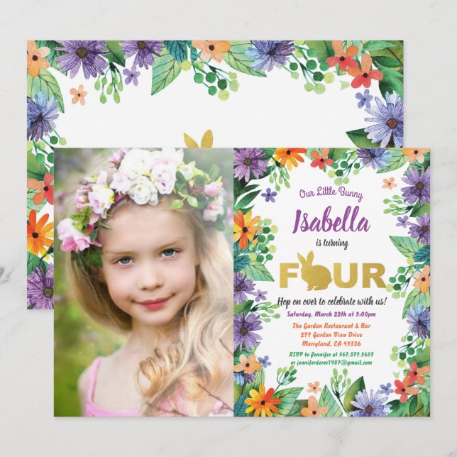 Easter 4th birthday party photo invitation (Front/Back)